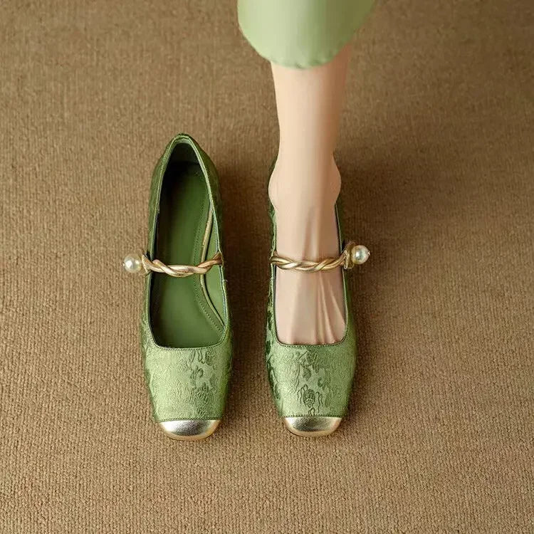 Women's Pearl Strap Mary Janes with Metallic Toe Cap - Green