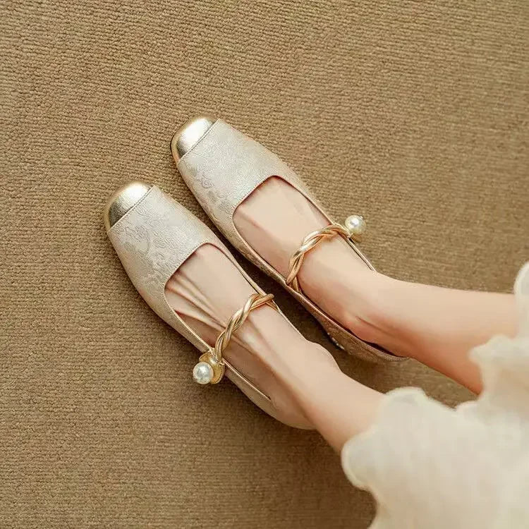 Women's Pearl Strap Mary Janes with Metallic Toe Cap - Beige