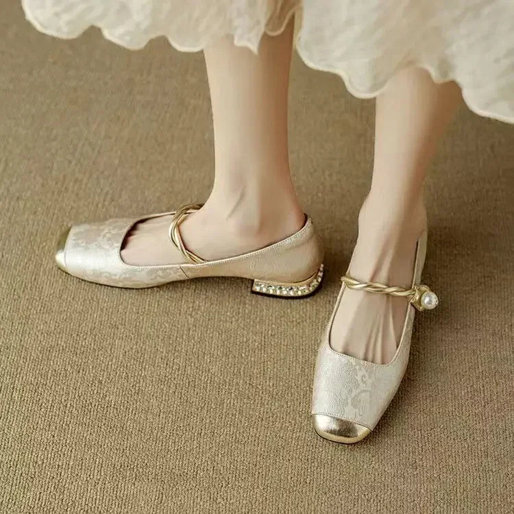 Women's Pearl Strap Mary Janes with Metallic Toe Cap