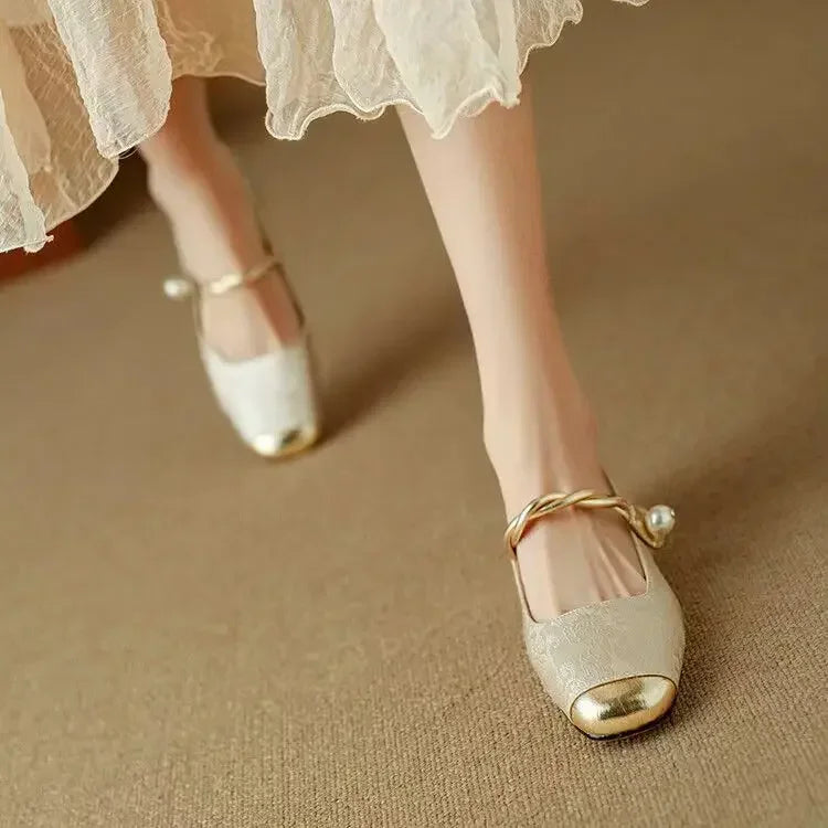 Women's Pearl Strap Mary Janes with Metallic Toe Cap