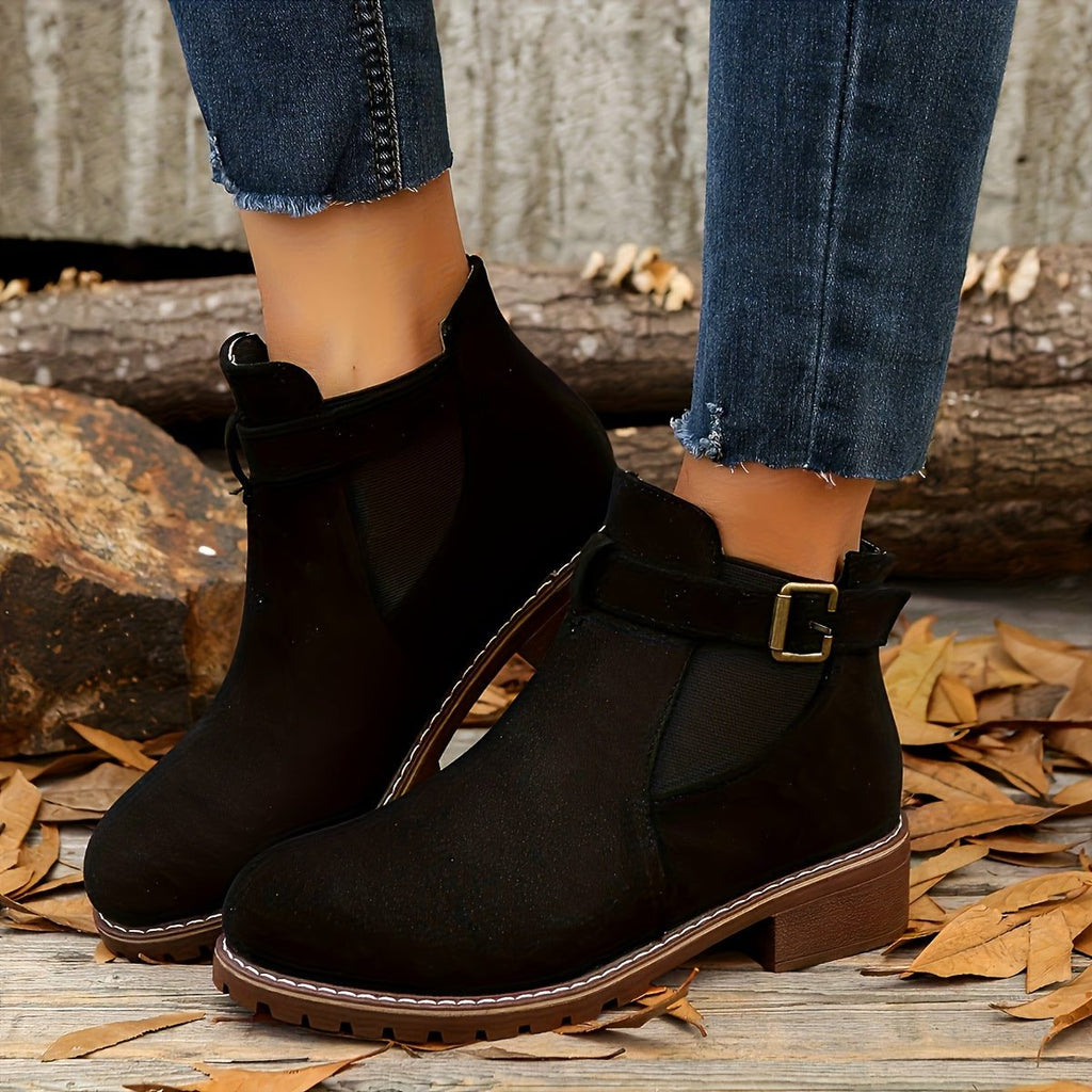 Women's Pull-On Chelsea Booties with Buckle Strap and Block Heel - Black