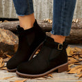 Women's Pull-On Chelsea Booties with Buckle Strap and Block Heel - Black