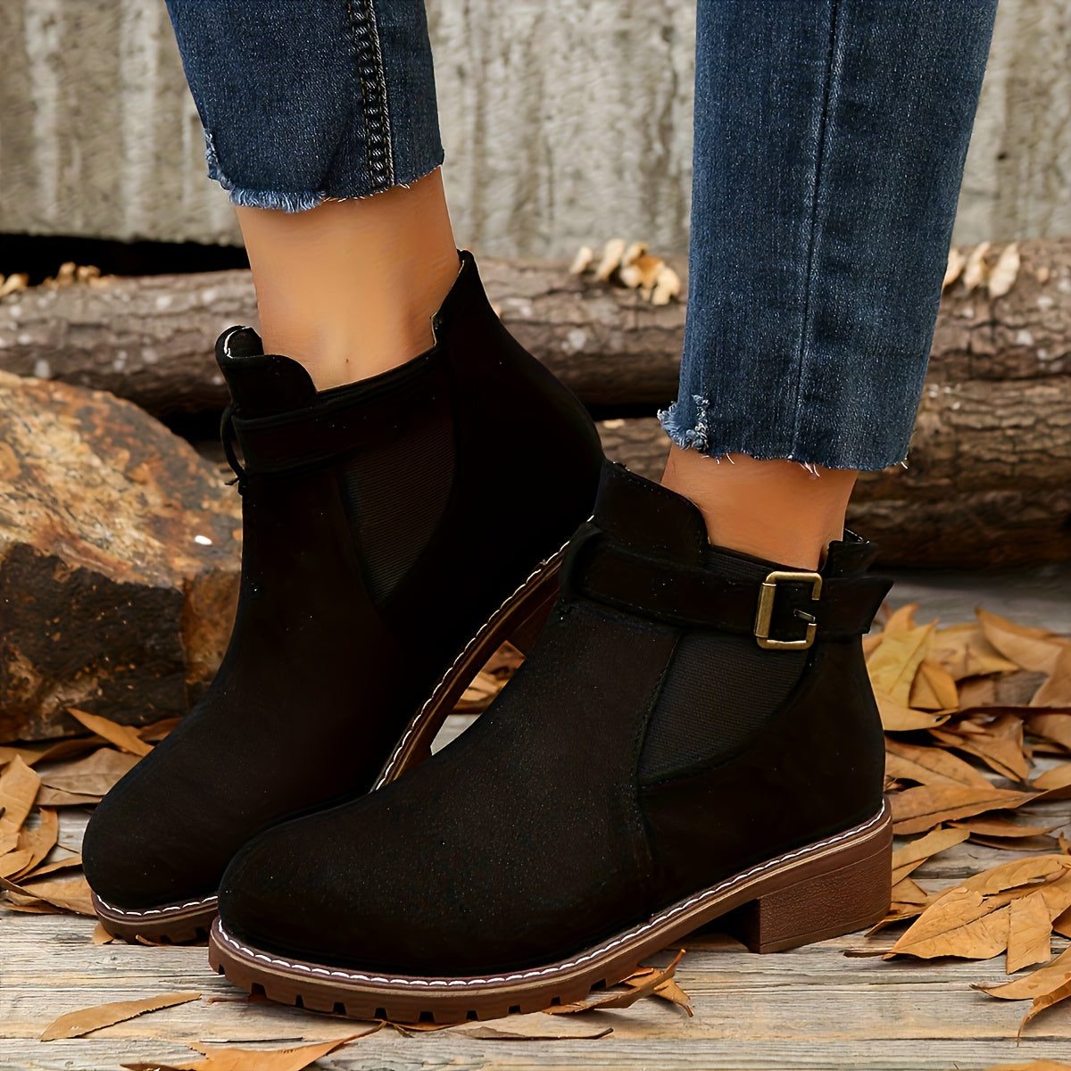 Women's Pull-On Chelsea Booties with Buckle Strap and Block Heel - Black