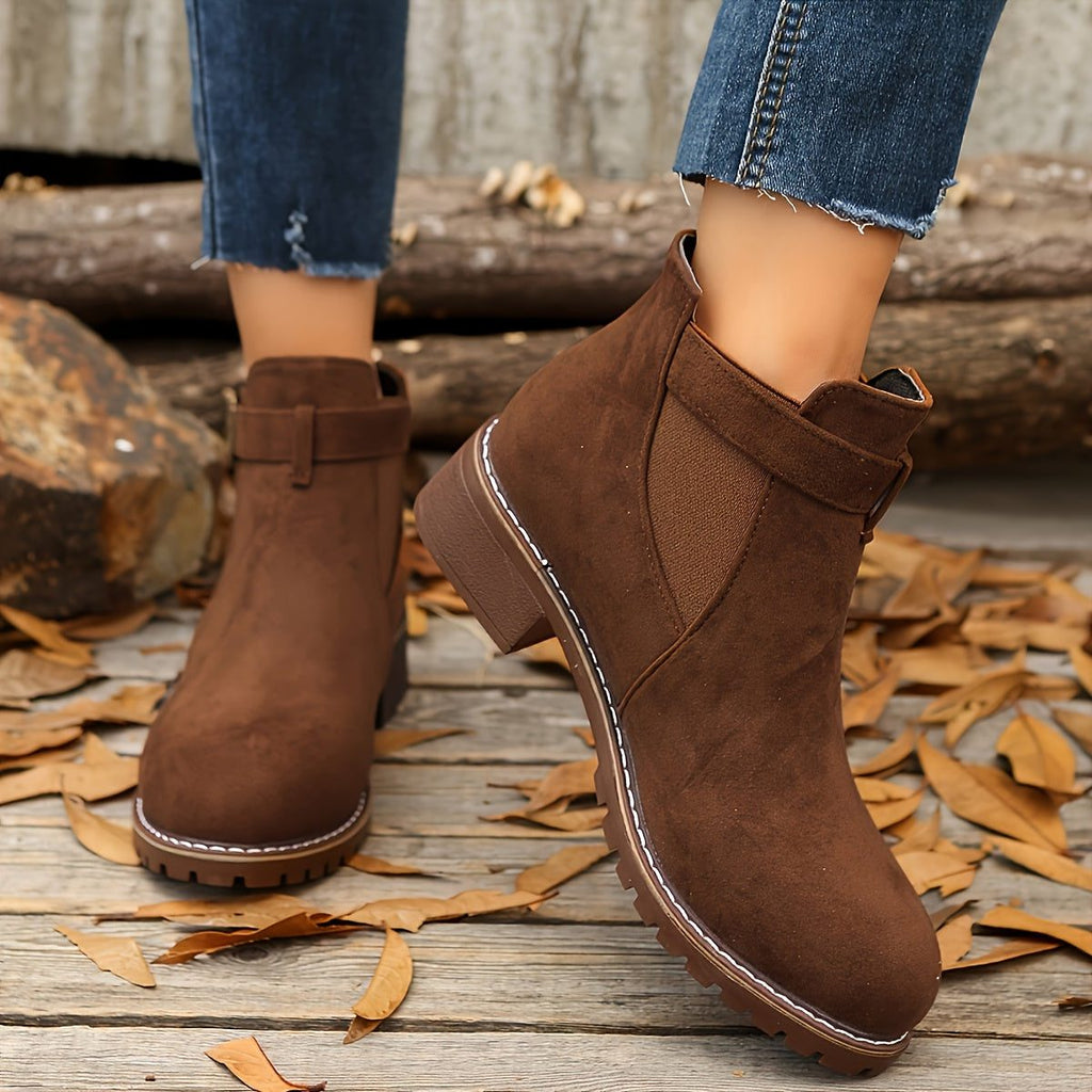 Women's Pull-On Chelsea Booties with Buckle Strap and Block Heel