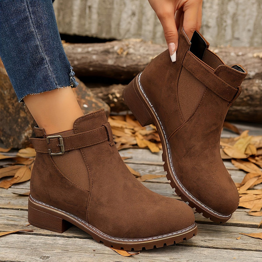 Women's Pull-On Chelsea Booties with Buckle Strap and Block Heel