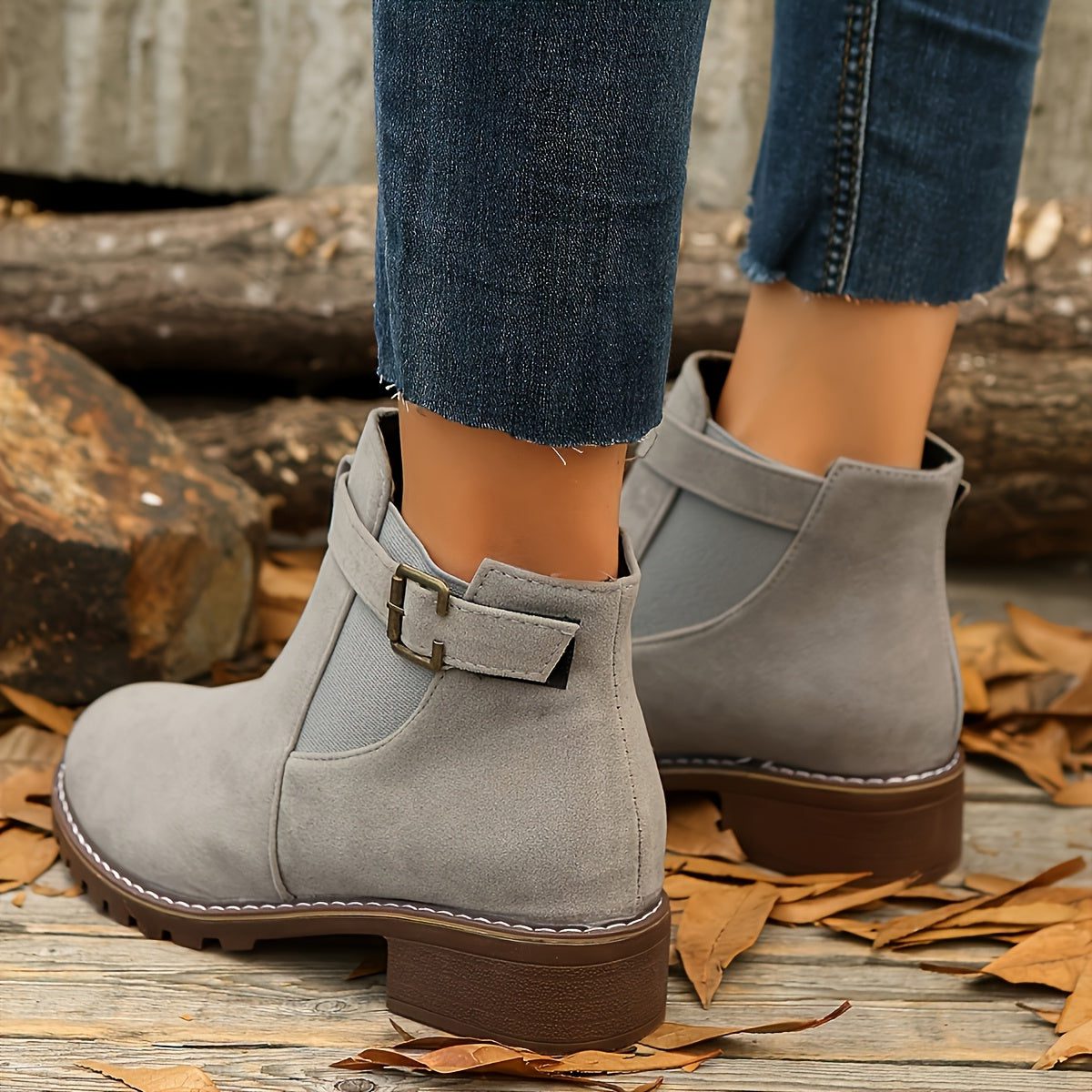 Women's Pull-On Chelsea Booties with Buckle Strap and Block Heel