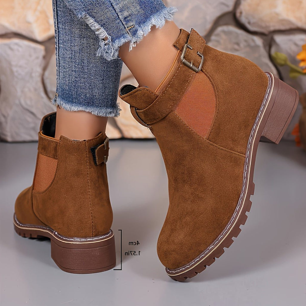Women's Pull-On Chelsea Booties with Buckle Strap and Block Heel