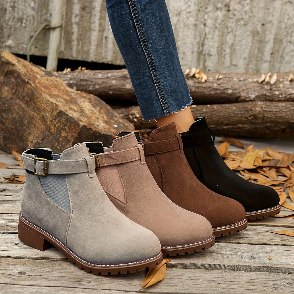 Women's Pull-On Chelsea Booties with Buckle Strap and Block Heel