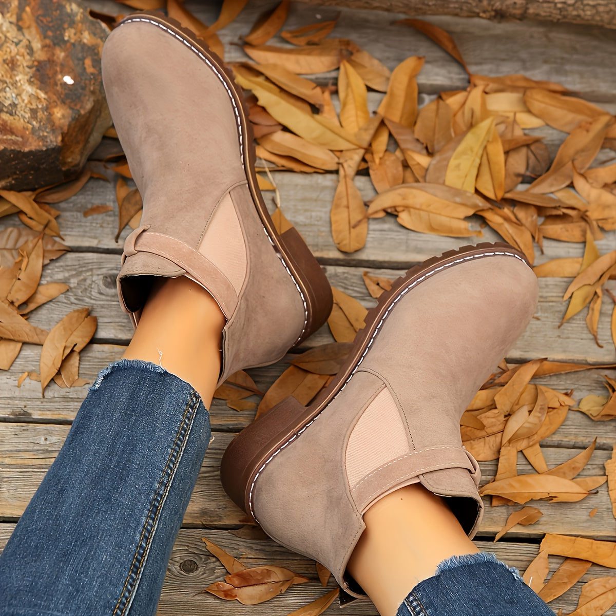 Women's Pull-On Chelsea Booties with Buckle Strap and Block Heel - Light Pink