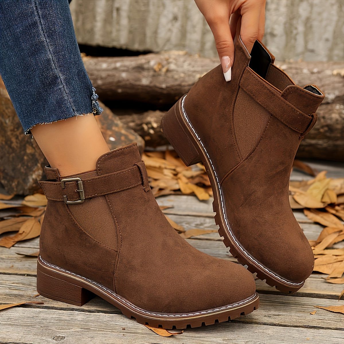 Women's Pull-On Chelsea Booties with Buckle Strap and Block Heel - Caramel Brown