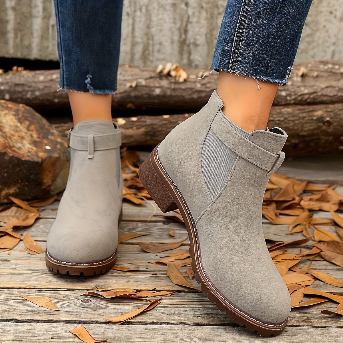 Women's Pull-On Chelsea Booties with Buckle Strap and Block Heel - Gray