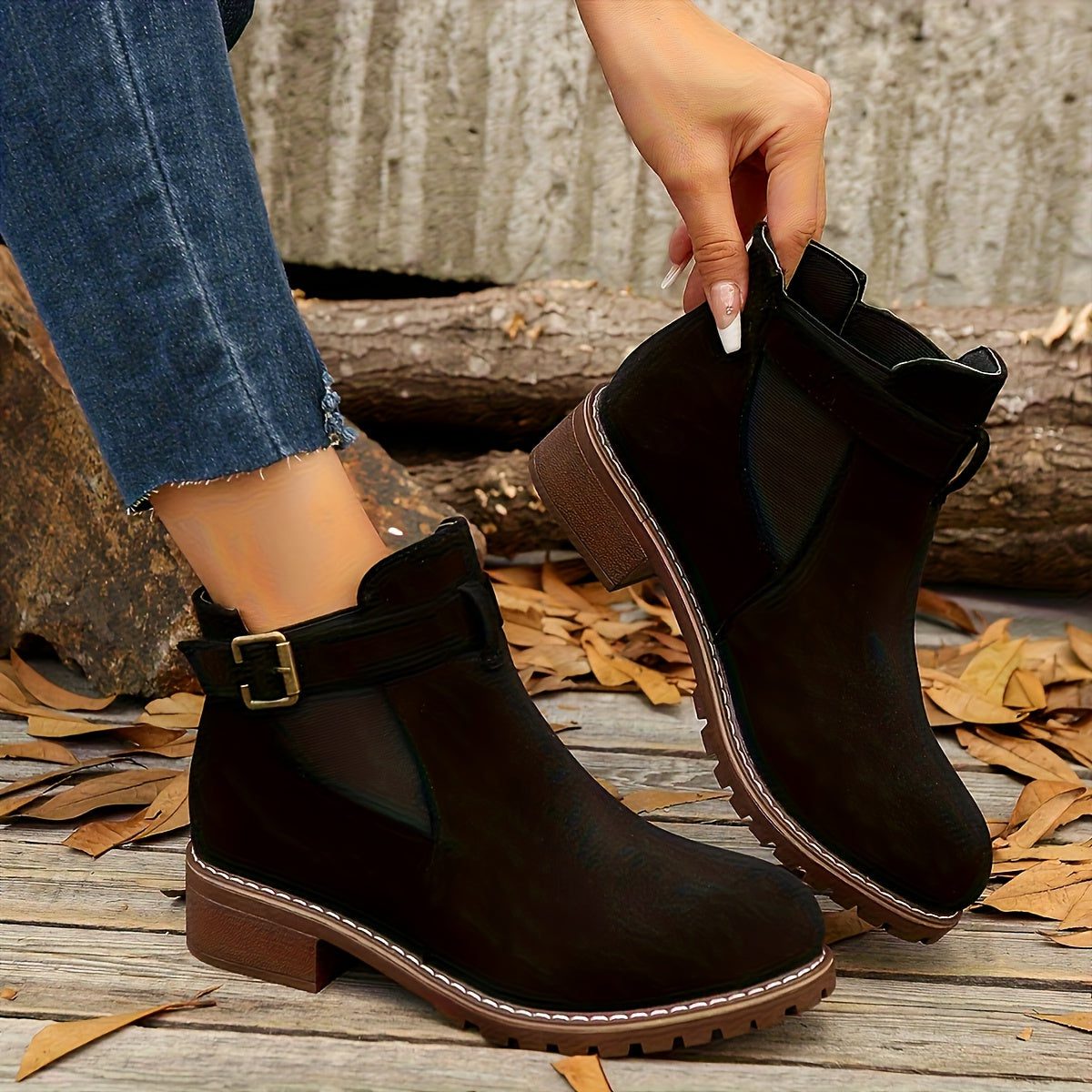 Women's Pull-On Chelsea Booties with Buckle Strap and Block Heel