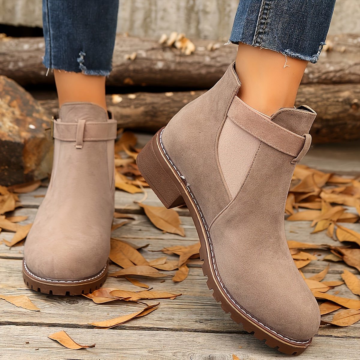 Women's Pull-On Chelsea Booties with Buckle Strap and Block Heel