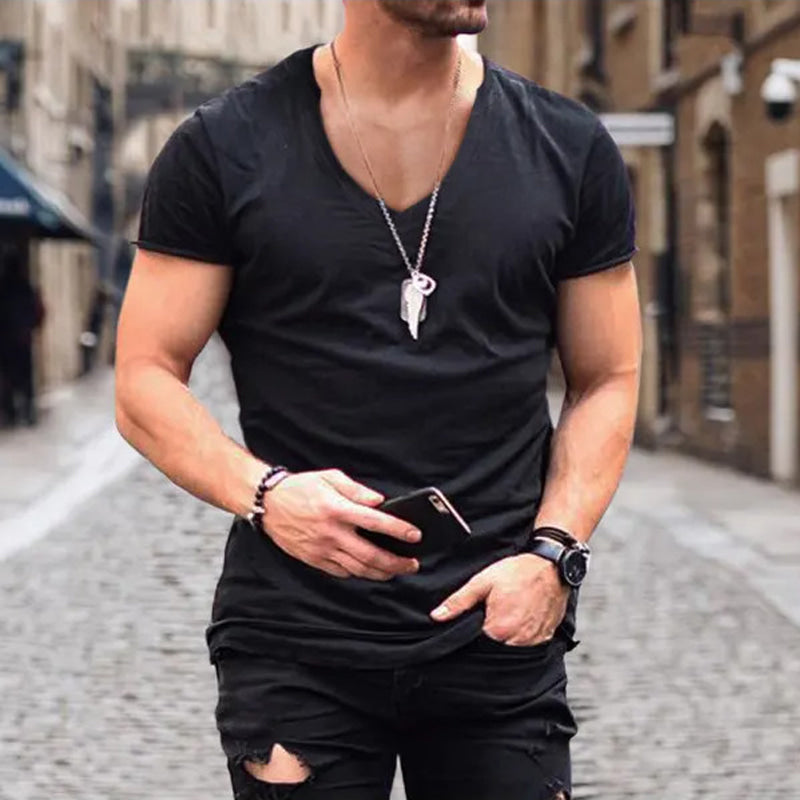 Men's Fitted V Neck T Shirt Deep Neckline Summer
