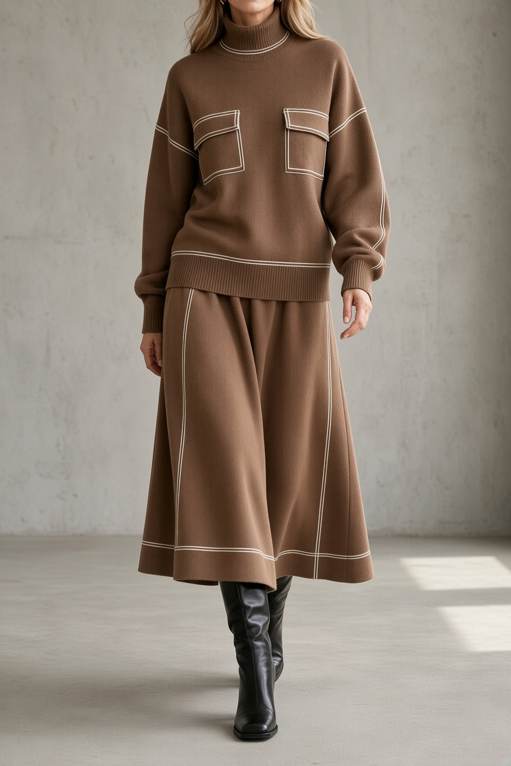 Women's Matching High Neck Top and Skirt Outfit - Brown