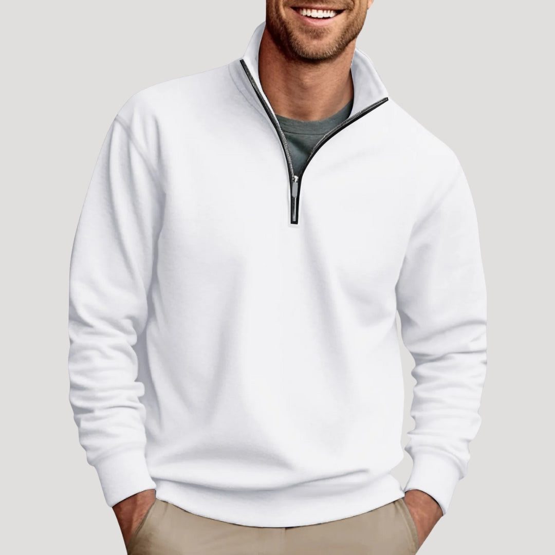Men's Sporty Zip Neck Pullover with Contrast Trim - White