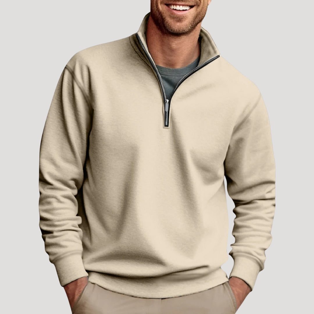 Men's Sporty Zip Neck Pullover with Contrast Trim - Beige