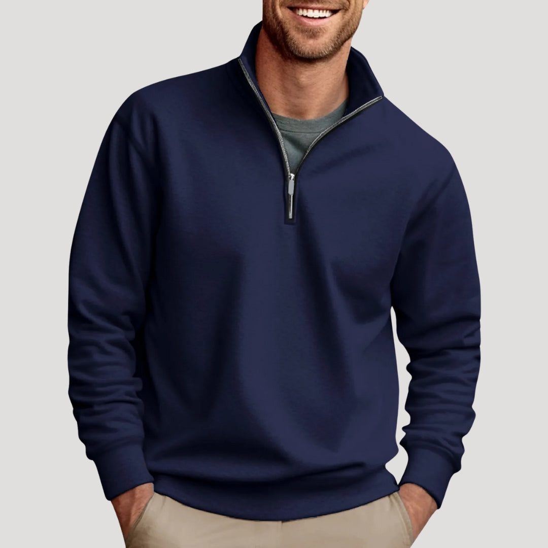 Men's Sporty Zip Neck Pullover with Contrast Trim - Navy Blue