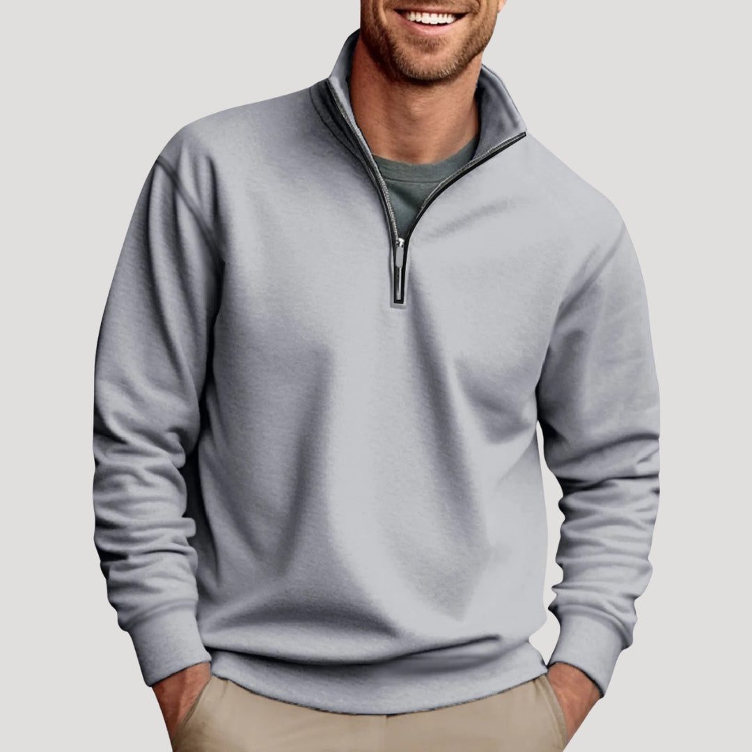 Men's Sporty Zip Neck Pullover with Contrast Trim - Gray