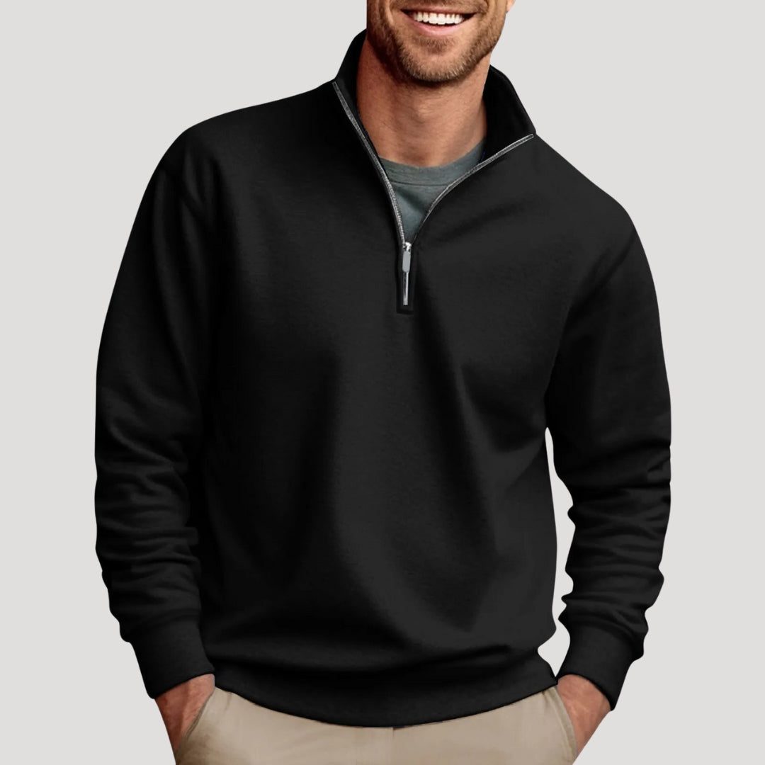 Men's Sporty Zip Neck Pullover with Contrast Trim - Black