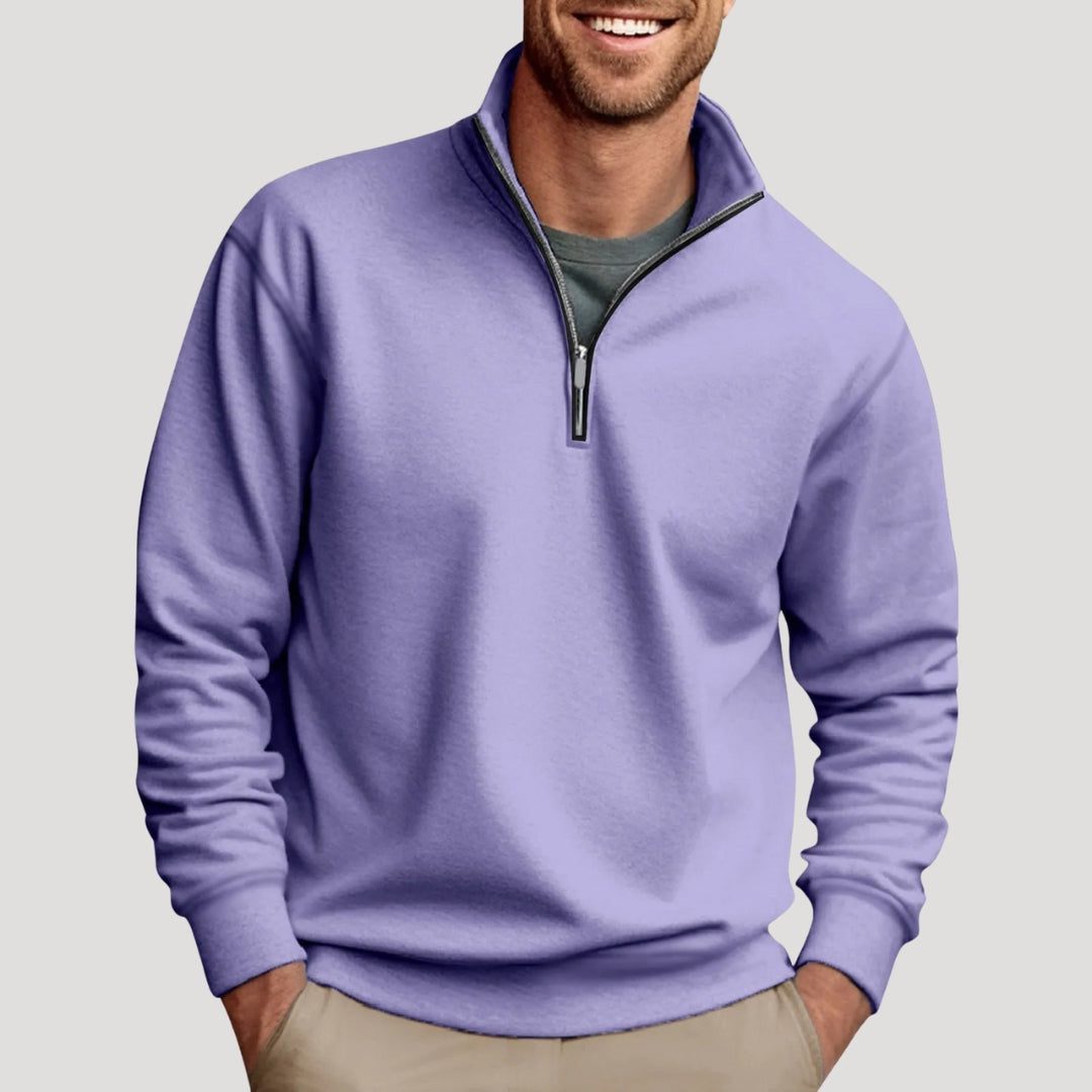 Men's Sporty Zip Neck Pullover with Contrast Trim - Purple