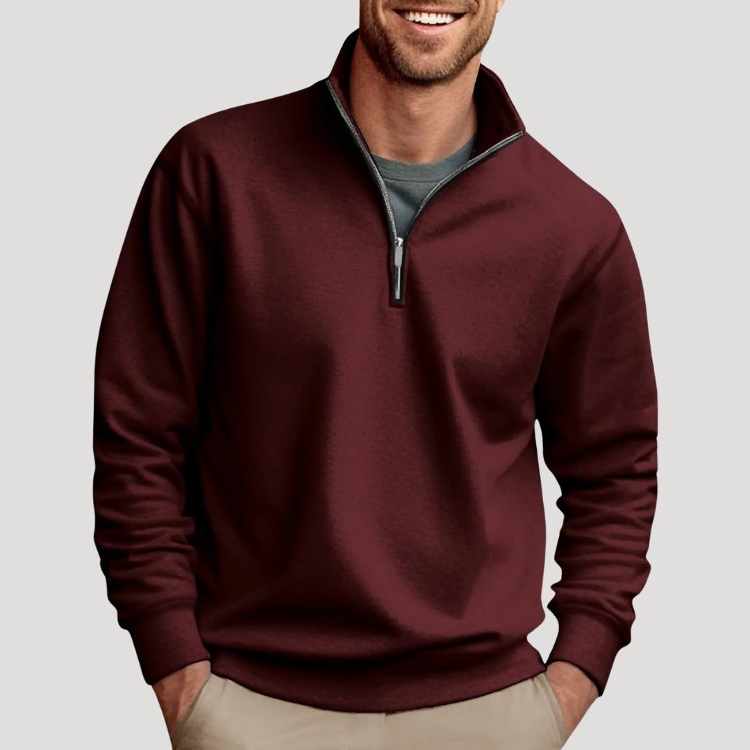 Men's Sporty Zip Neck Pullover with Contrast Trim - Wine Red