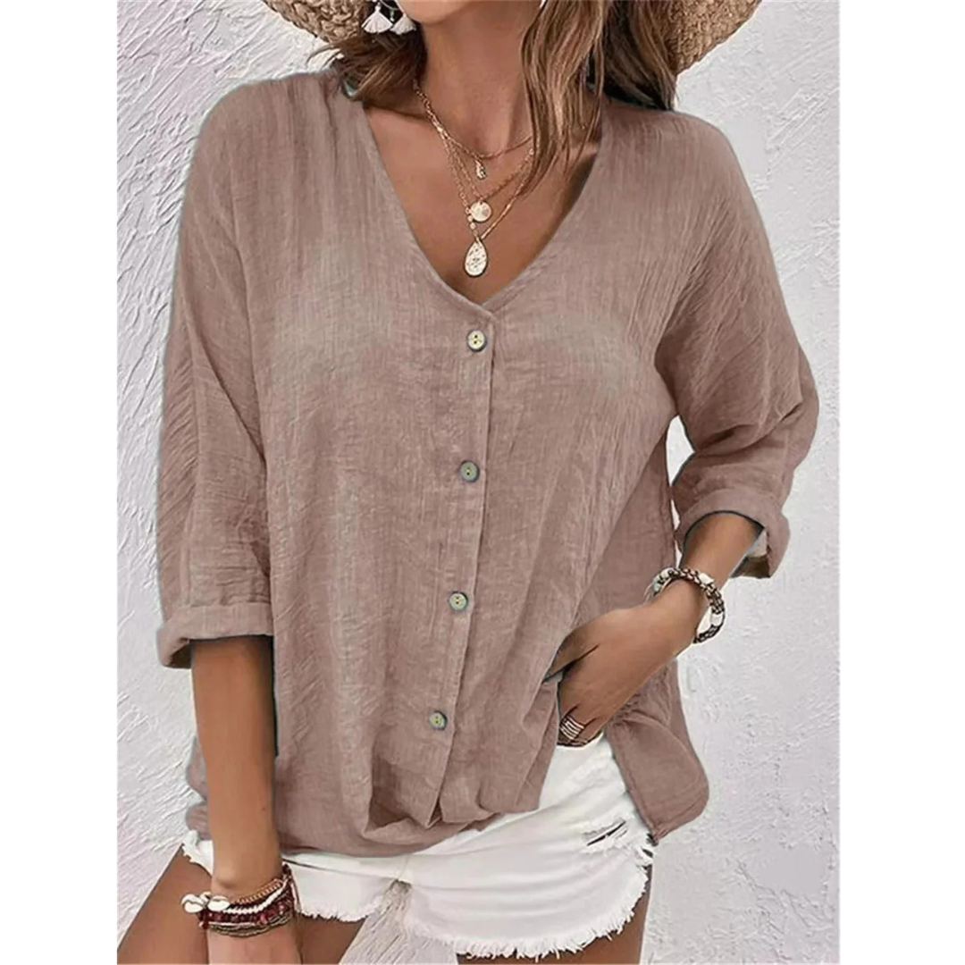 Women's Relaxed Button-Front Blouse – V-Neck Three-Quarter Sleeve