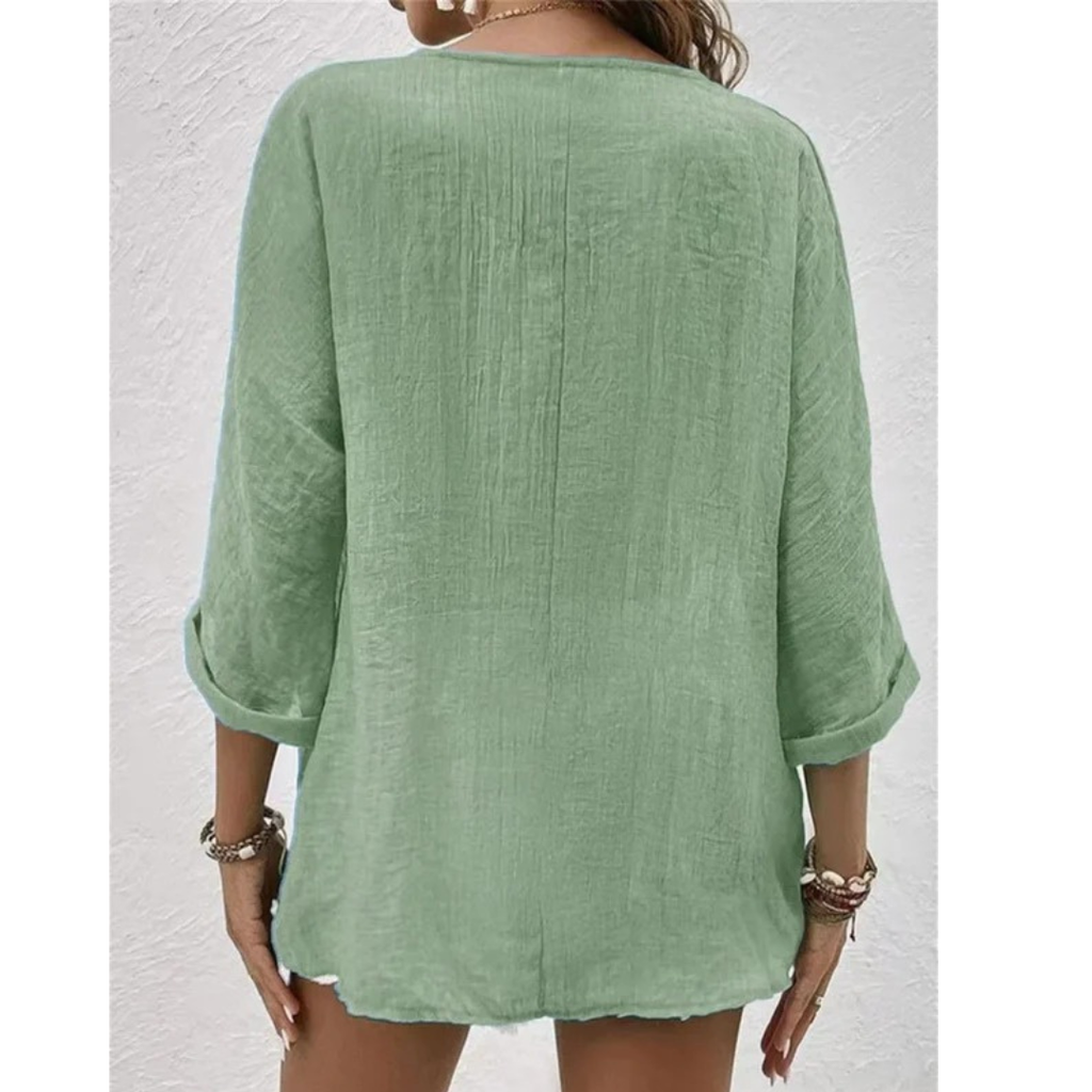 Women's Relaxed Button-Front Blouse – V-Neck Three-Quarter Sleeve