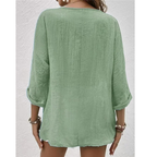 Women's Relaxed Button-Front Blouse – V-Neck Three-Quarter Sleeve