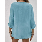 Women's Relaxed Button-Front Blouse – V-Neck Three-Quarter Sleeve