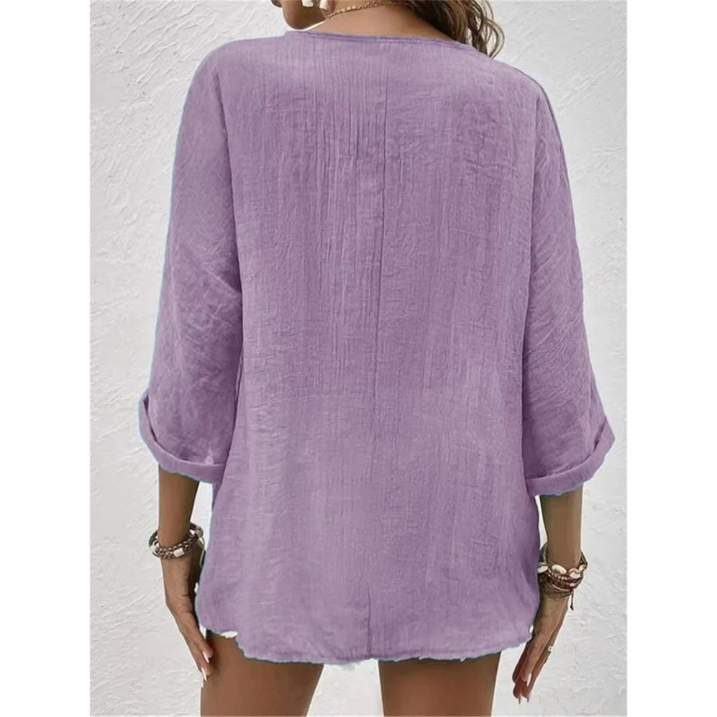 Women's Relaxed Button-Front Blouse – V-Neck Three-Quarter Sleeve