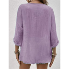 Women's Relaxed Button-Front Blouse – V-Neck Three-Quarter Sleeve