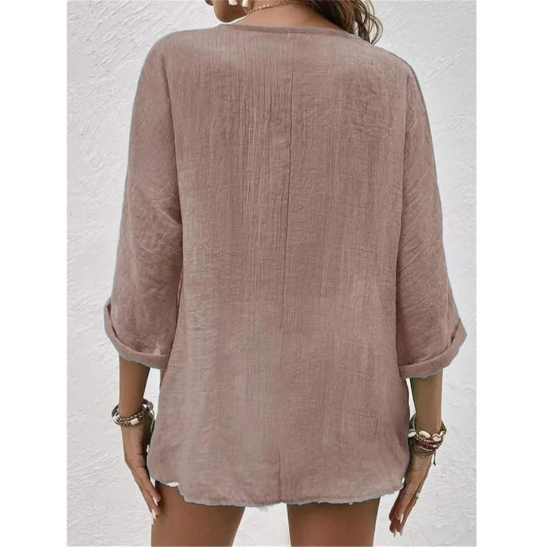 Women's Relaxed Button-Front Blouse – V-Neck Three-Quarter Sleeve