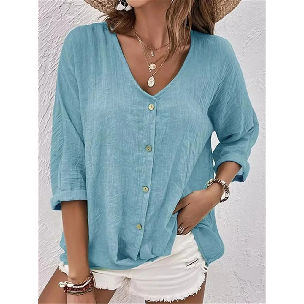Women's Relaxed Button-Front Blouse – V-Neck Three-Quarter Sleeve