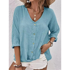 Women's Relaxed Button-Front Blouse – V-Neck Three-Quarter Sleeve