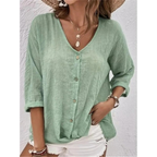 Women's Relaxed Button-Front Blouse – V-Neck Three-Quarter Sleeve