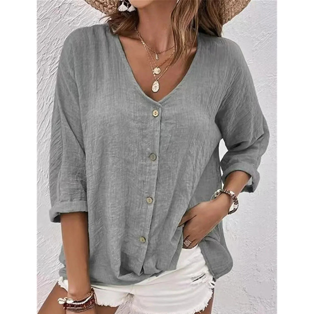 Women's Relaxed Button-Front Blouse – V-Neck Three-Quarter Sleeve