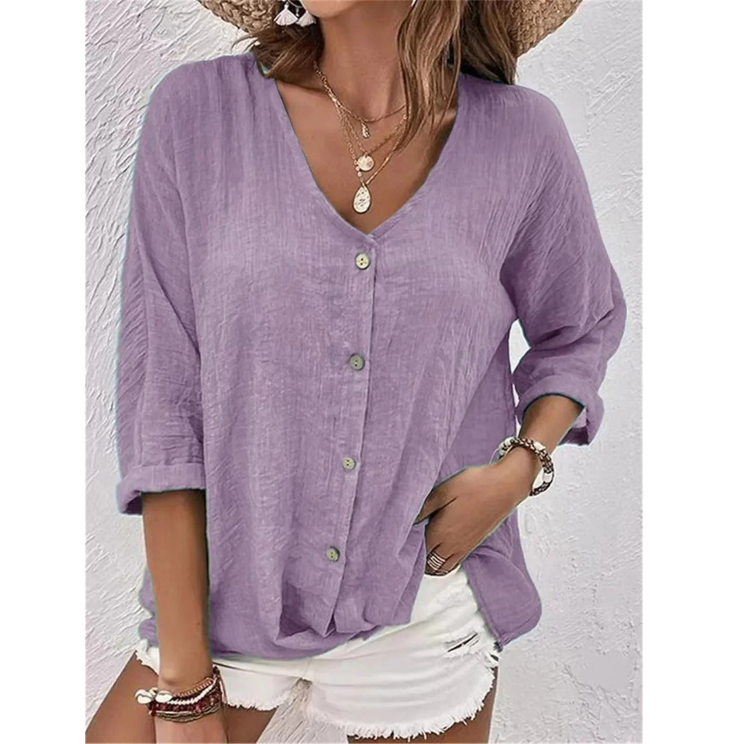 Women's Relaxed Button-Front Blouse – V-Neck Three-Quarter Sleeve