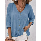 Women's Relaxed Button-Front Blouse – V-Neck Three-Quarter Sleeve