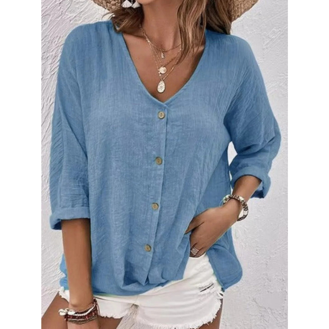 Women's Relaxed Button-Front Blouse – V-Neck Three-Quarter Sleeve