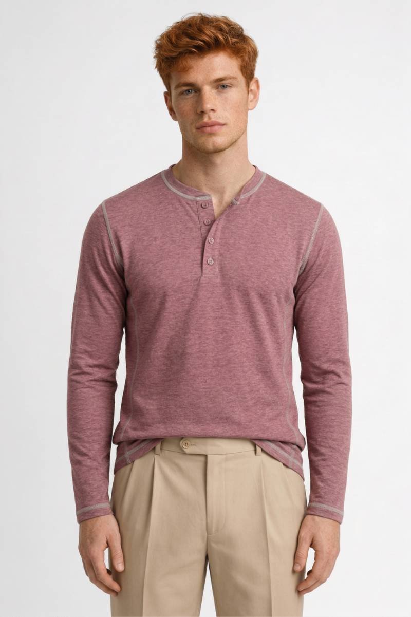 Men's Henley Shirt Button Neck Contrast Seam Top