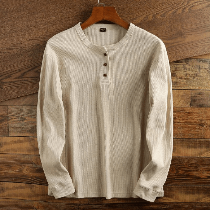 Men's Waffle Knit Henley Shirt Long Sleeve Textured Casual