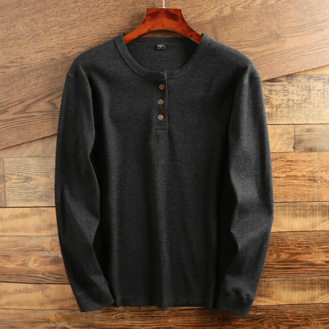 Men's Waffle Knit Henley Shirt Long Sleeve Textured Casual