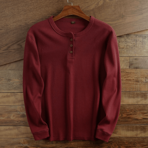 Men's Waffle Knit Henley Shirt Long Sleeve Textured Casual