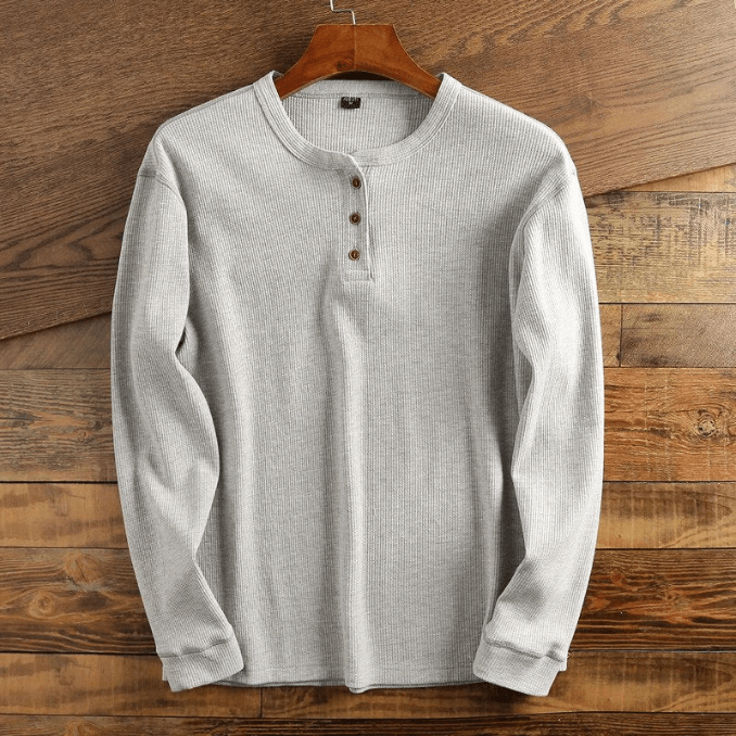 Men's Waffle Knit Henley Shirt Long Sleeve Textured Casual
