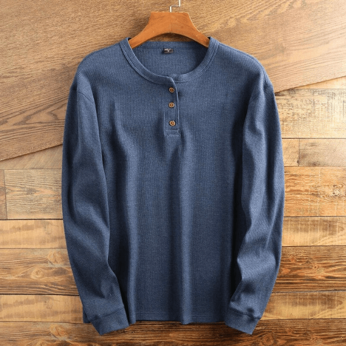 Men's Waffle Knit Henley Shirt Long Sleeve Textured Casual