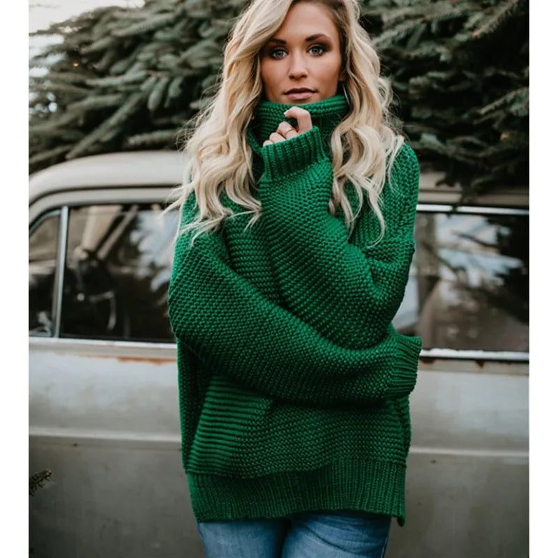 Women's Oversized Chunky Knit Long Turtleneck Sweater - Green