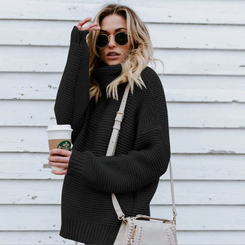 Women's Oversized Chunky Knit Long Turtleneck Sweater - Black