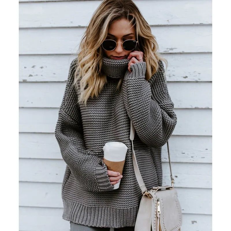 Women's Oversized Chunky Knit Long Turtleneck Sweater - Gray
