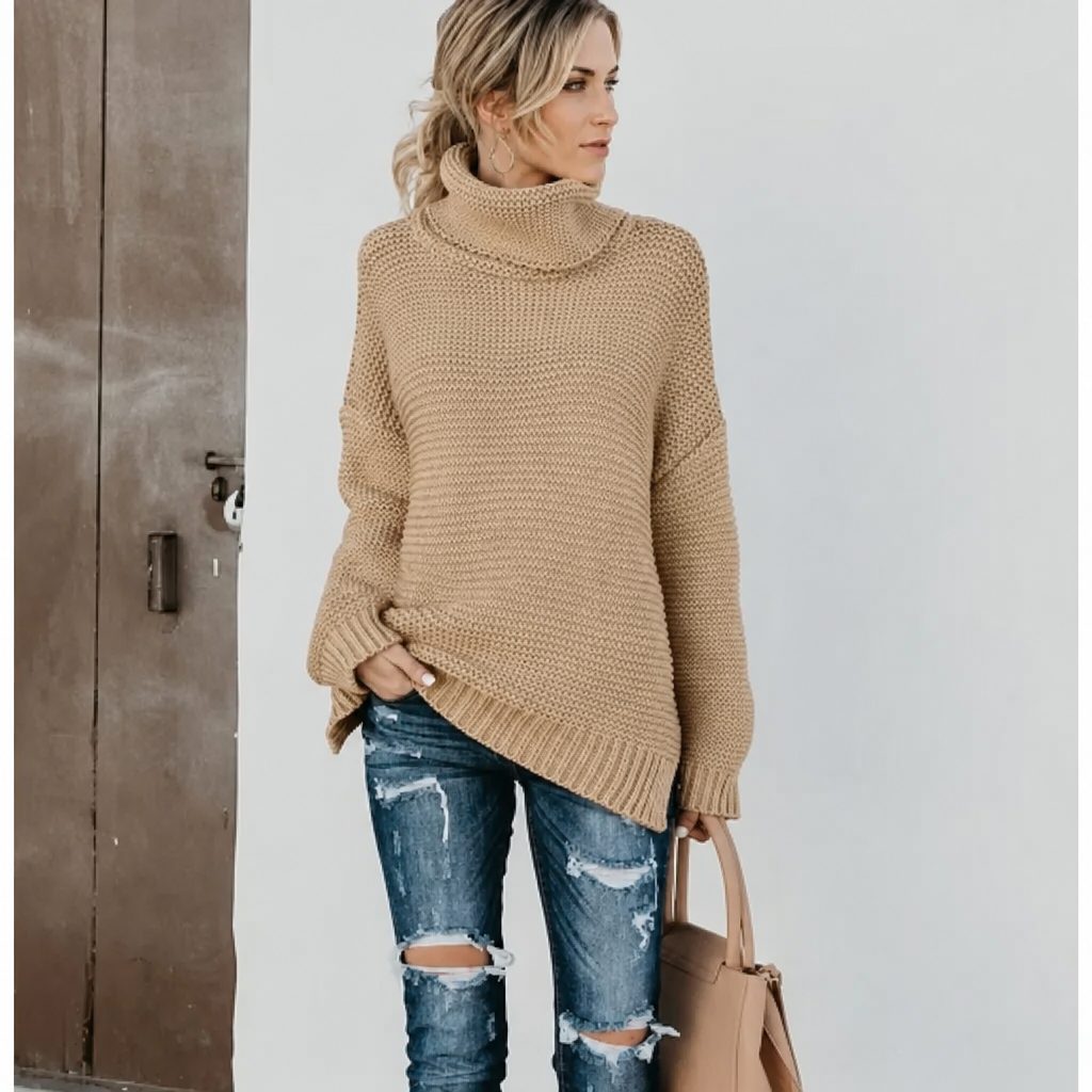 Women's Oversized Chunky Knit Long Turtleneck Sweater - Khaki